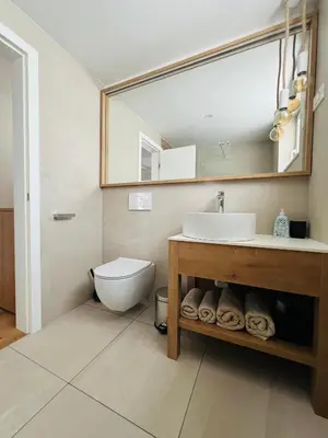 a bathroom with a sink and a toilet and a mirror at Apartma Neja in Žirovnica