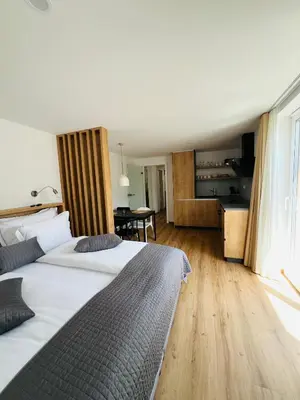 a hotel room with two beds and a kitchen at Apartma Neja in Žirovnica