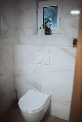 a white bathroom with a toilet and a window at Holiday Home Vinagora in Bistrica ob Sotli