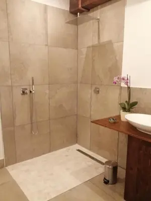 a bathroom with a shower and a sink at Silentium Domus doo in Gornje Vreme