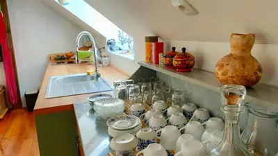 a kitchen with a counter filled with cups and vases at Pr Trnovc in Preddvor