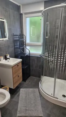 a bathroom with a shower and a toilet and a sink at Simona's place-Free private parking in Ljubljana