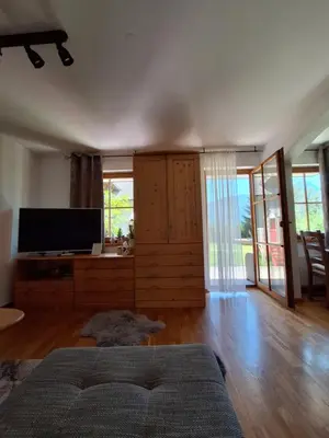 a living room with a couch and a television at Sunrise Apartment in Rateče