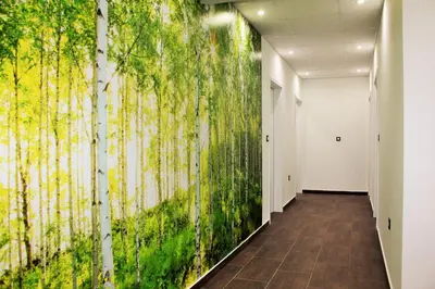 a hallway with a wall mural of trees at Luwiana Suites in Ljubljana