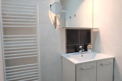 a white bathroom with a sink and a shower at Luwiana Suites in Ljubljana