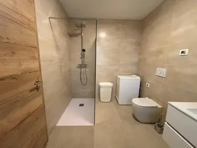 a bathroom with a shower and a toilet in it at Livan Apartment in Tolmin