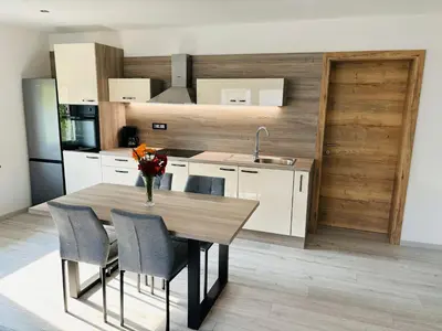 a kitchen with a table with chairs and a sink at Livan Apartment in Tolmin