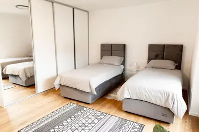 a bedroom with two beds and a mirror at Aura Apartments in Žirovnica