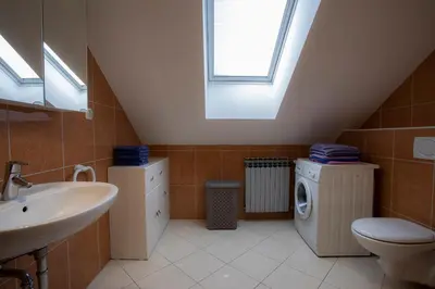 a bathroom with a sink and a washing machine at Apartment Harmony Bled in Bled