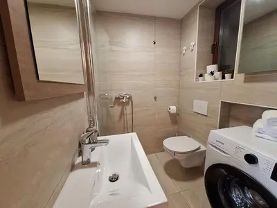 a bathroom with a sink and a toilet at Apartma Slovenias in Škofja Loka