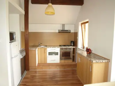 a kitchen with a sink and a stove top oven at Apartment VISOTA in Ptuj