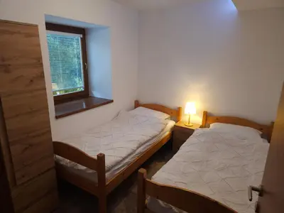 two twin beds in a room with a window at Apartment Kostanjevica na Krki in Kostanjevica na Krki