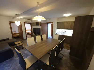 a kitchen and dining room with a wooden table and chairs at Apartment Kostanjevica na Krki in Kostanjevica na Krki