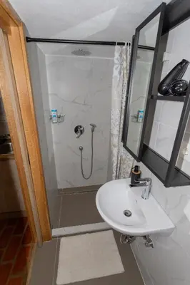 a bathroom with a shower with a sink and a mirror at Zenroom Apartments in Ljubljana