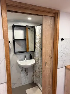 a bathroom with a sink and a mirror at Zenroom Apartments in Ljubljana