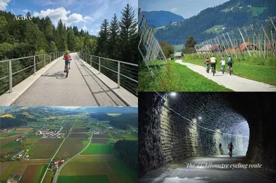 a collage of photos of people riding bikes on a bridge at Villa Elizabeth - Grand Family Apartment in Slovenj Gradec