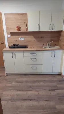 a kitchen with white cabinets and a sink at Bobnarica in Grahovo