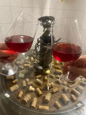 two people are holding glasses of wine on a table at Vineyard Cottage Rigelj in Dolenjske Toplice