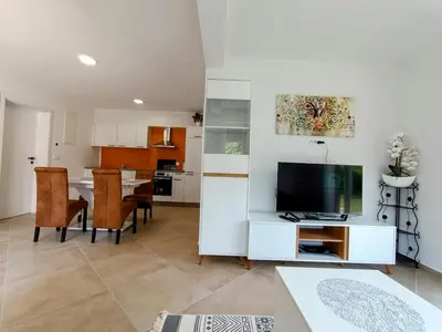 a living room with a tv and a kitchen at Apartma LANA in Koper
