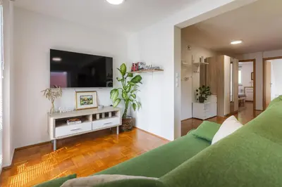 a living room with a green couch and a flat screen tv at Apartments Leonid in Podčetrtek