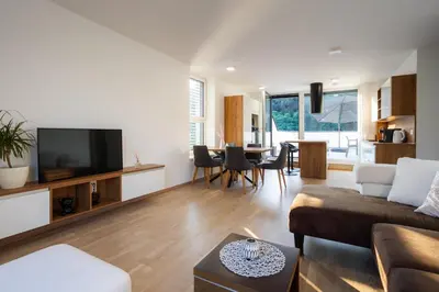 a living room with a couch and a tv at Apartment Dalgona Delux in Podčetrtek