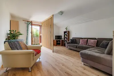 a living room with a couch and a chair at Apartma PRI AJHECI in Pristava pri Mestinju