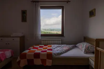 a bedroom with a bed with a window at Apartma PRI AJHECI in Pristava pri Mestinju