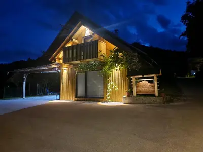 a house is lit up at night at Honey house in Zgornje Gorje