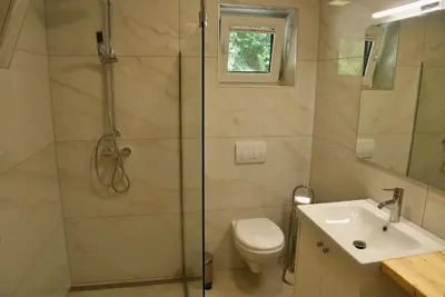 a bathroom with a shower and a toilet and a sink at Honey house in Zgornje Gorje