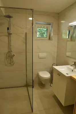 a bathroom with a shower and a toilet and a sink at Honey house in Zgornje Gorje