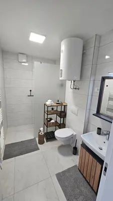 a bathroom with a shower and a toilet and a sink at Apartment 1 Pearl in Bovec