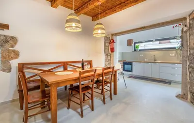 a kitchen and dining room with a wooden table and chairs at Apartmaji Robida in Sežana