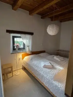 a bedroom with a bed and a window at Apartmaji Robida in Sežana