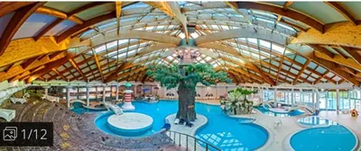 a large building with a tree in the middle of it at Hišica 6084 Terme Čatež in Mostec