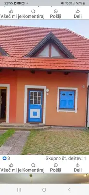 two pictures of a house with blue doors at Hišica 6084 Terme Čatež in Mostec