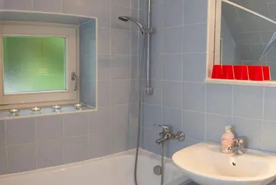 a bathroom with a shower and a sink and a tub at VILA BREDA in Bled center in Bled
