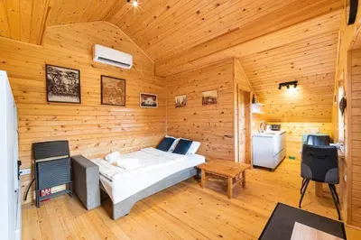 a bedroom with a bed in a wooden room at Apartma Farm Bliss in Zgornja Velka