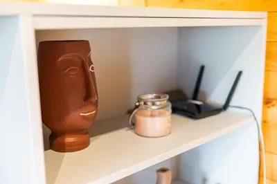 a shelf with a speaker and a jar on it at Apartma Farm Bliss in Zgornja Velka