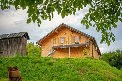 a wooden house on top of a grassy hill at Apartma Farm Bliss in Zgornja Velka