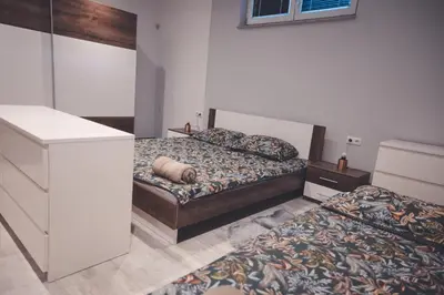 a bedroom with two beds and a sink at Apartments & rooms Ksenya in Spodnja Hajdina