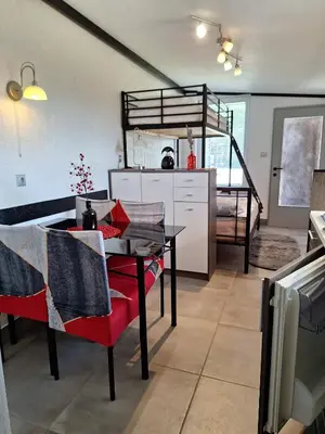 a dining room with a table and a bunk bed at Štibelc FRIDA in Izlake