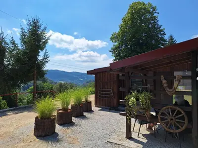 a barn with a cart and potted plants in front of it at Štibelc FRIDA in Izlake