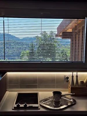 a kitchen with a stove and a large window at Štibelc FRIDA in Izlake
