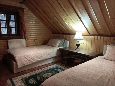 a bedroom with two beds and a table with a lamp at Na Gmajni pr' Angležu in Gabrovka