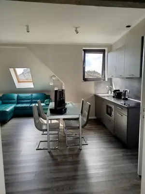 a kitchen and living room with a table and chairs at DEKO-LIME apartments in Ljubljana