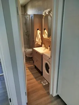 a bathroom with a sink and a washing machine at DEKO-LIME apartments in Ljubljana