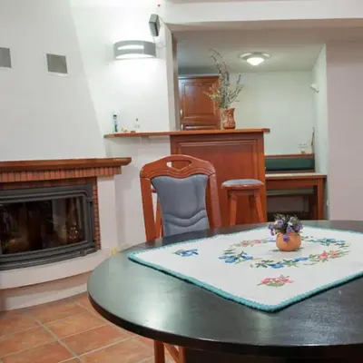 a dining room with a table and a fireplace at Holiday Home Zelenka in Cerklje na Gorenjskem