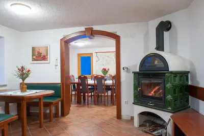 a living room with a fireplace and a table with chairs at Holiday Home Zelenka in Cerklje na Gorenjskem