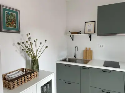 a kitchen with a sink and a vase of flowers at B&B Apartment for2 in Kranj