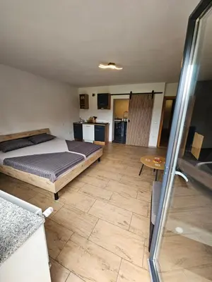 a bedroom with a bed and a table in it at Grmač Apartments in Naklo